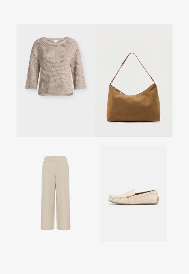 Pull en maille beige avec motif texturé, encolure ronde et manches trois-quarts, présenté sur un fond clair uni.; Pantalons larges beiges en tissu lisse, avec une taille plate, des poches latérales et une coupe décontractée avec un ourlet propre.; Mocassin beige en cuir texturé, à enfiler, avec surpiqûres style mocassin et semelle en caoutchouc, présenté en profil latéral sur fond blanc.; Sac à bandoulière en daim marron avec une seule sangle et une fermeture éclair supérieure, présenté sur un fond blanc uni.