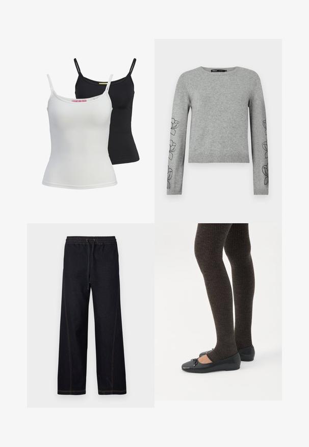 Grå strikket sweater med lange ærmer, ribbet kant og blomsterbroderi på ærmerne. Rund halsudskæring og struktureret materiale.; To enkle tanktoppe i sort og hvid, lavet af et glat, strækbart stof. De har tynde stropper og et enkelt, tætsiddende design.; Mørke denimbukser med vidde ben med elastik i taljen og snøre, kontrasterende orange syninger samt lige og rene linjer.; Ben iført mørke ribbede leggings kombineret med sorte balletsko med små sløjfedetaljer på hvid baggrund.