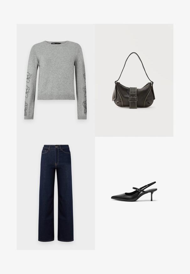 Grau gestrickter Pullover mit langen Ärmeln, geripptem Saum und floraler Stickerei an den Ärmeln. Rundhalsausschnitt und strukturierter Stoff.; Dunkelblaue weit geschnittene Jeans aus Denim, mit hoher Taille, vier Taschen und kontrastierenden Nähten entlang der Nähte.; Schwarze Leder Slingback-Absätze mit einer spitzen Zehenform, schmalem verstellbarem Riemen und einem etwa 5 cm hohen Stiletto-Absatz, glatte Textur.; Schwarze Leder-Schultertasche mit Schnallengurt-Detail, abgerundeten Kanten und kontrastierenden weißen Nähten auf schlichtem Hintergrund.
