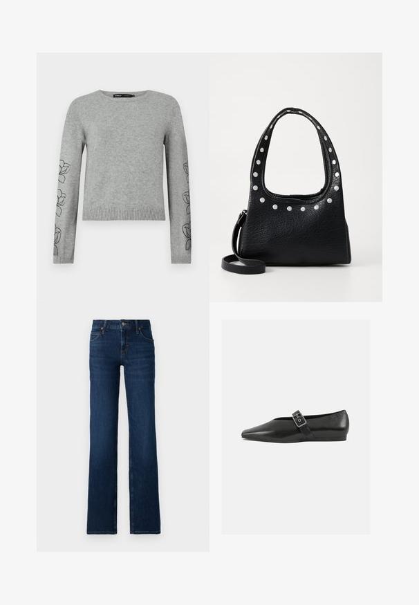 Grå strikket sweater med lange ærmer, ribbet kant og blomsterbroderi på ærmerne. Rund halsudskæring og struktureret materiale.; Mørkeblå buksestil i denim. Har en syet talje, fem lommer og en lynlås-fly med en metal knaplukning.; Sorte læder flade sko med spidse tæer, prydet med en metallisk spænde over vristen og en lav, fleksibel sål.; Sort struktureret lædertaske med sølvnitter langs den øverste kant og håndtagene, der har et kort håndtag og en aftagelig strop.