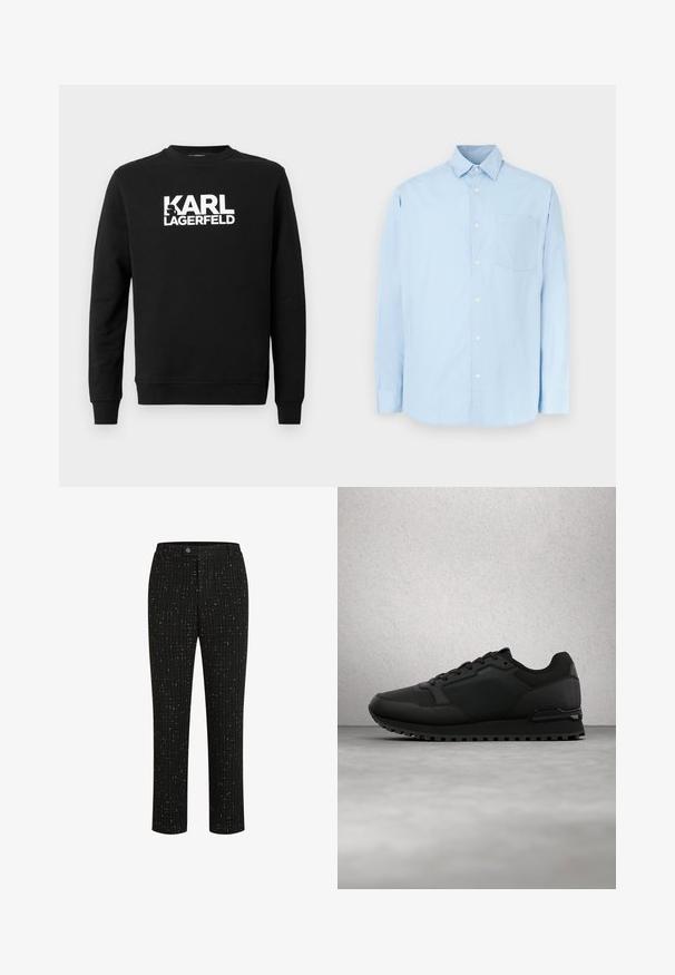 Zwarte sweatshirt van zachte stof met "KARL LAGERFELD" in grote witte letters op de voorkant, met een ronde hals en lange mouwen.; Lichtblauw katoenen shirt met lange mouwen, voorzien van een button-down kraag, een borstzak en een knopenlijst met witte knopen.; Zwarte op maat gemaakte broek met een gestructureerd patroon van dunne verticale witte lijnen, een rechte snit en een knoopsluiting in de taille.; Zwarte BOSS-sneaker met gestructureerde stof en leren panelen, veters gestrikt, zwevend boven een grijze betonnen vloer bij glasblokken.