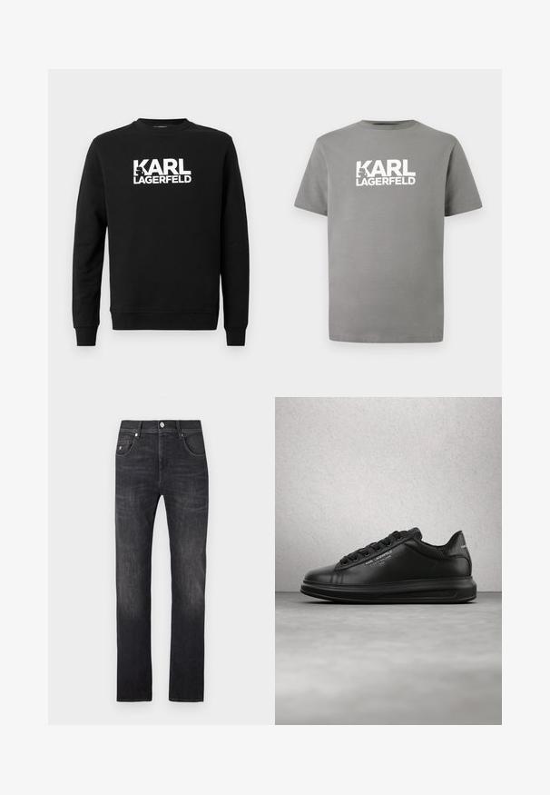 Čierna mikina zo mäkkej látky s veľkým bielym nápisom "KARL LAGERFELD" na prednej strane, so zaobleným výstrihom a dlhými rukávmi.; Šedé bavlnené tričko s okrúhlym výstrihom, krátkymi rukávmi a výrazným bielym logom „KARL LAGERFELD“ na prednej strane.; Tmavomodré rifľové nohavice so strihom rovného strihu, s piatimi vreckami, zapínaním na gombík a jemnými vyblednutými detailmi pozdĺž nôh.; Osoba nosiaca čierne tenisky Karl Lagerfeld s čiernymi nohavicami, stojaca na drevenej parketovej podlahe proti bielej doskovanej stene.