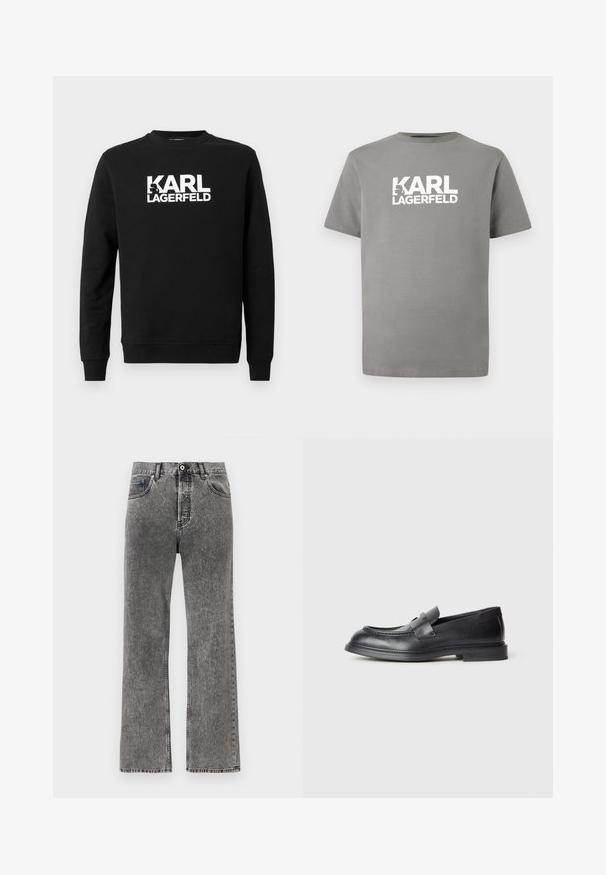 Čierna mikina zo mäkkej látky s veľkým bielym nápisom "KARL LAGERFELD" na prednej strane, so zaobleným výstrihom a dlhými rukávmi.; Šedé bavlnené tričko s okrúhlym výstrihom, krátkymi rukávmi a výrazným bielym logom „KARL LAGERFELD“ na prednej strane.; Rovné nohavice z čierneho umývaného denimu s predným gombíkom a zipsom, pútkami na opasok a dizajnom s piatimi vreckami.; Čierne kožené mokasíny s textúrovaným povrchom, ozdobené dekoratívnym predným pásikom a zaoblenou špičkou. Gumená podrážka pre odolnosť.