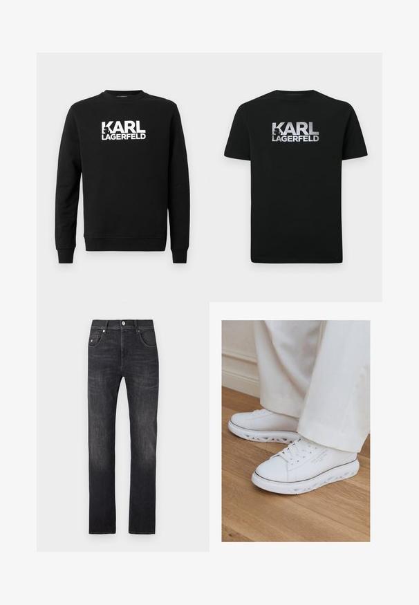 Sort sweatshirt lavet af blødt stof med teksten "KARL LAGERFELD" i store hvide bogstaver på forsiden, med rund hals og lange ærmer.; Sort bomuld t-shirt med et sølvfarvet print af logoet "KARL LAGERFELD" og en stiliseret silhuet. Korte ærmer og rund halsudskæring.; Mørkegrå denimjeans med lige pasform, der har fem lommer, knaplukning og subtile falmede detaljer langs benene.; Hvide lave sneakers med unikke udskårne såler båret med lystfarvede bukser på et trægulv.