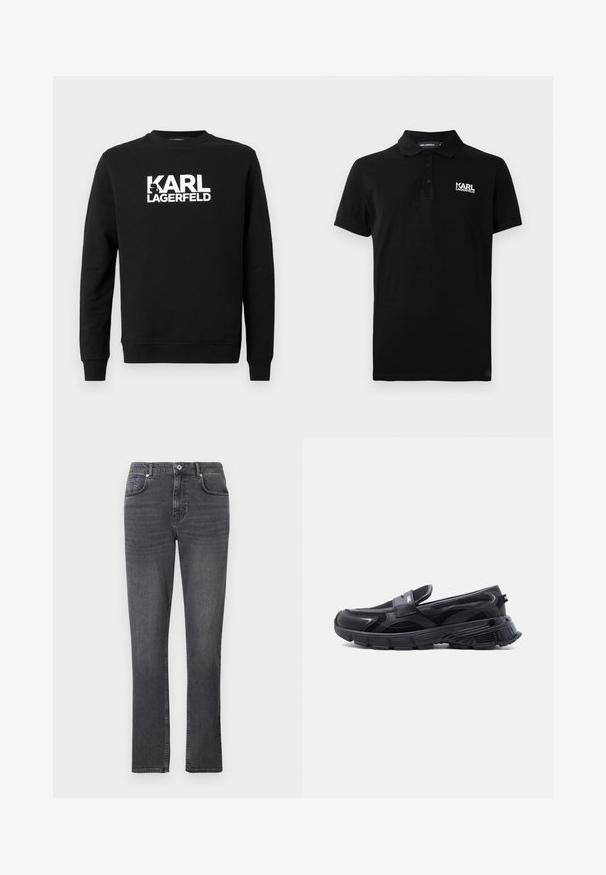 Zwarte sweatshirt van zachte stof met "KARL LAGERFELD" in grote witte letters op de voorkant, met een ronde hals en lange mouwen.; Zwart polo shirt met korte mouwen, drie knopen en het witte logo "KARL LAGERFELD" op de linkerkant van de borst.; Grijze denim jeans met een recht gesneden ontwerp, vijf zakken en subtiele stikdetails. De stof heeft een soepele textuur.; Zwarte instapsneaker met dikke, gestructureerde zool en mesh panelen, ontworpen voor casual en sportief gebruik.