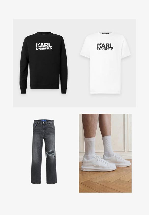 Sudadera negra fabricada con tela suave que presenta "KARL LAGERFELD" en letras blancas grandes en el frente, con cuello redondo y mangas largas.; Camiseta de algodón blanca de manga corta con un diseño gráfico negro que presenta el texto "KARL LAGERFELD" y un logo en silueta.; Jeans de mezclilla negra con un corte relajado, que presentan detalles desgastados y pierna ancha. La textura es suave con un ligero desvanecimiento.; Piernas con calcetines blancos acanalados y zapatillas blancas Karl Lagerfeld, de pie sobre un suelo de parquet de madera clara.