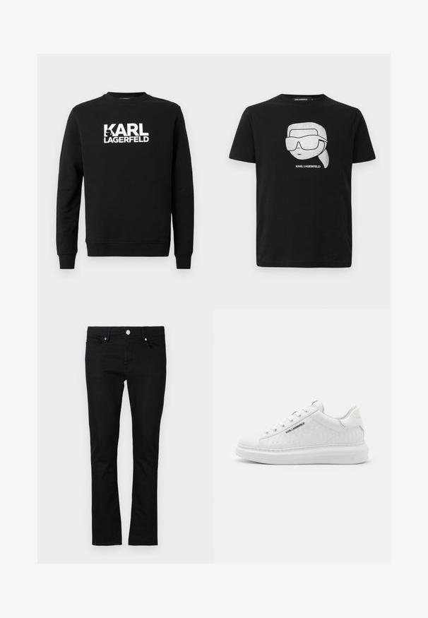 Zwarte sweatshirt van zachte stof met "KARL LAGERFELD" in grote witte letters op de voorkant, met een ronde hals en lange mouwen.; Zwarte katoenen t-shirt met een witte grafiek van een gestileerd personage met grote zonnebrillen, met de tekst "KARL LAGERFELD" onder de afbeelding.; Zwarte denim jeans met een slim fit, rechte pijpen, vijf-pocket stijl en metalen knoopsluiting, met minimale stikseldetails.; Witte sneaker van glad leer met een reliëfpatroon. Heeft een ronde neus, vetersluiting aan de voorkant, en een textuurzool. Zilveren logo detail aan de zijkant.
