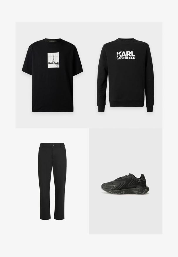 Schwarzer Sweatshirt aus weichem Stoff mit "KARL LAGERFELD" in großen weißen Buchstaben auf der Vorderseite, mit rundem Ausschnitt und langen Ärmeln.; Schwarzes T-Shirt mit kurzen Ärmeln und einem zentrierten weißen rechteckigen Druck des Eiffelturms sowie einer Unterschrift darunter.; Schwarze Hose aus glattem Stoff, mit geradem Bein, vorderer Knopfverschluss und dezentem Logo-Detail am Bund.; Schwarze Sneaker mit einer wellenförmigen Textur und grauen Akzenten. Sie besitzen ein Schnürdesign und eine klobige, skulptierte Sohle. Die Markenkennzeichnung ist an der Seite sichtbar.