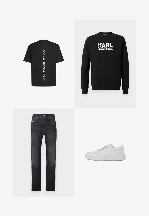 Zwarte sweatshirt van zachte stof met "KARL LAGERFELD" in grote witte letters op de voorkant, met een ronde hals en lange mouwen.; Zwarte katoenen t-shirt met verticale witte tekst "KARL LAGERFELD JEANS." Klassieke ronde hals en korte mouwen. Soepele textuur.; Donkere grijze denim jeans met een rechte pasvorm, voorzien van vijf zakken, een knoopsluiting en subtiele vervaagde details langs de pijpen.; Witte leren sneakers met een klassiek low-top ontwerp, platte zool en subtiele merklogo op de hiel. Voorzien van vijf metalen oogjes voor veters.