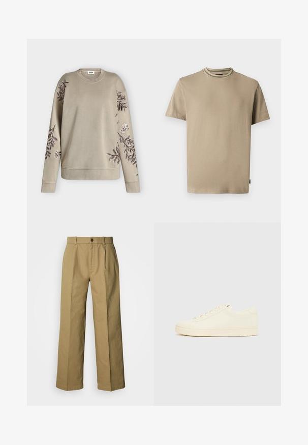 Sweat-shirt beige à manches longues avec col et poignets côtelés, orné de motifs floraux brodés en marron foncé et blanc sur les manches et les épaules.; T-shirt beige à manches courtes et col rond avec détail de col côtelé rayé, vu de face sur fond blanc uni.; Pantalon large beige en coton, avec une fermeture à boutons, trois plis et des ourlets droits pour une coupe décontractée.; Baskets couleur crème avec une tige en cuir lisse, bout arrondi, laçage à l'avant et semelle en caoutchouc texturée. Design minimaliste, sans logo.