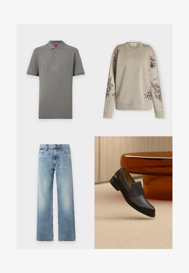Sweat-shirt beige à manches longues avec col et poignets côtelés, orné de motifs floraux brodés en marron foncé et blanc sur les manches et les épaules.; Polo gris à manches courtes avec col et trois boutons, arborant un petit logo "HUGO" sur la poitrine gauche.; Jean droit en denim bleu clair avec taille haute, cinq poches, fermeture à boutons et léger délavage sur les cuisses et les genoux.; Mocassin en cuir noir à talon bas flottant au-dessus d'un sol moquetté beige près d'une table ronde marron.