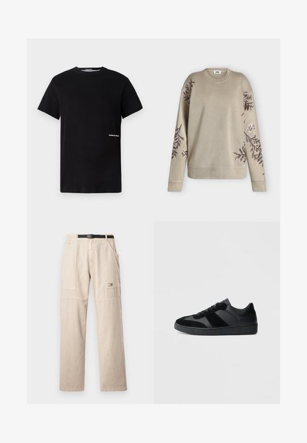 Sweat-shirt beige à manches longues avec col et poignets côtelés, orné de motifs floraux brodés en marron foncé et blanc sur les manches et les épaules.; T-shirt en coton noir avec un col rond et des manches courtes, arborant le logo "weekend offender" brodé en blanc sur le côté.; Pantalon cargo beige à jambe droite, avec passants pour ceinture, grandes poches latérales et une petite étiquette de marque sur la cuisse gauche. Matière en coton.; Baskets noires combinant cuir lisse et daim, avec une semelle en caoutchouc noire texturée et un détail de rayures discrètes.