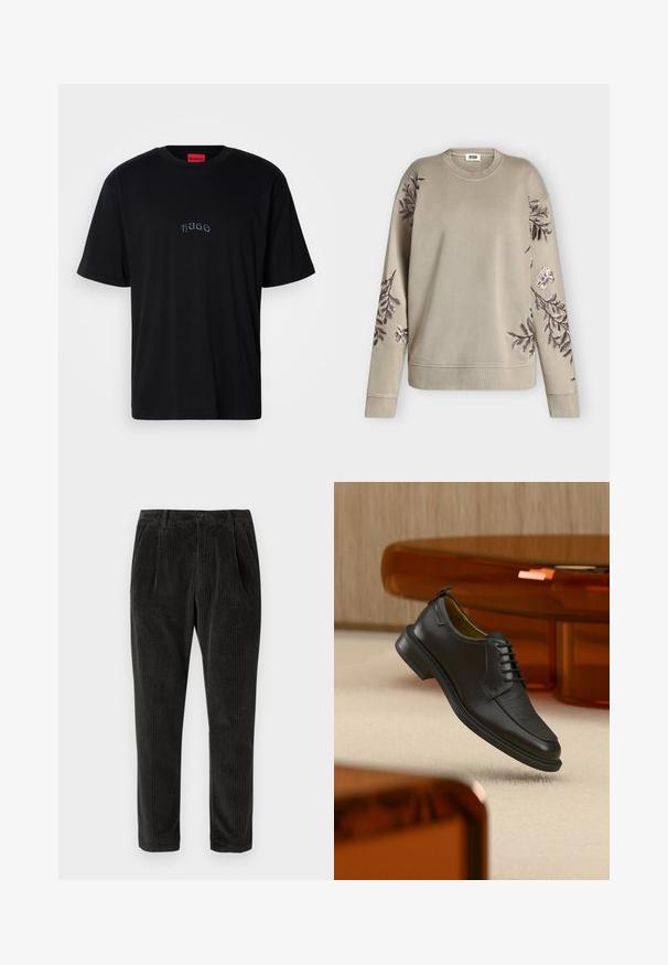 Beige langærmet sweatshirt med ribbet krave og manchetter, med mørkebrune og hvide broderede blomster på ærmer og skuldre.; Sort kortærmet T-shirt med "HUGO" broderet i små, stiliserede bogstaver på brystet og en rød etiket indeni kraven.; Fløjlsbukser i mørkegrå med lodrette ribber, knaplukning og sidelommer med en tætsiddende pasform. Blød tekstur.; Sort lædersko med snørebånd og tekstureret front, svævende over beige tæppe i et moderne rum med møbler i ravfarvet toning.