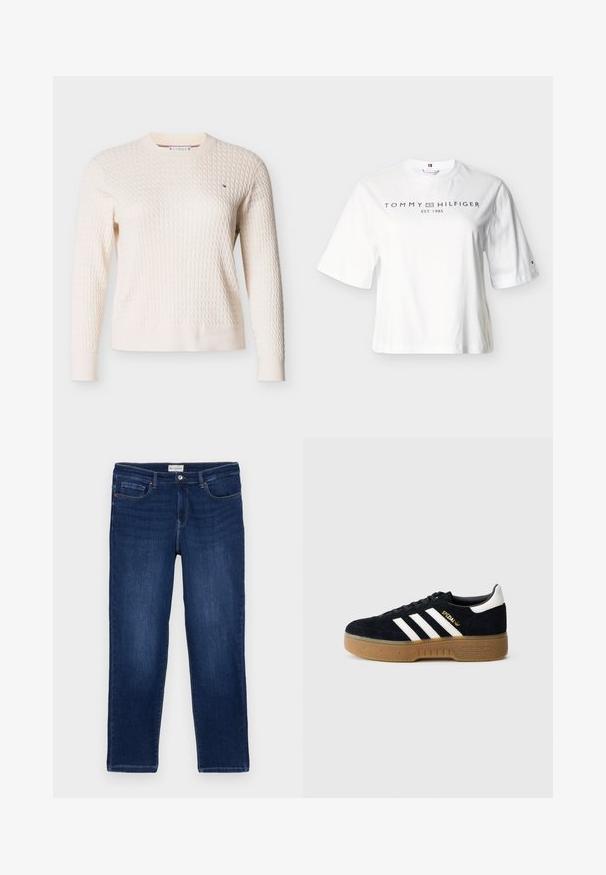 Kremfarvet kabelstriktrøje med lange ærmer og rund halsudskæring, med lille broderet logo på brystet.; Hvid kortærmet bomuld t-shirt med "Tommy Hilfiger Est. 1985" trykt i sort på tværs af brystet og et lille logo på venstre ærme.; Mørkeblå denim jeans med lige pasform, fem-lomme design, synlige sømme og en metalknaplukning i taljen.; Sort ruskindssneaker med hvide tre striber og guldfarvet logo. Sål i gummi med tekstureret greb. Klassisk lavtop-design med rundet tå.