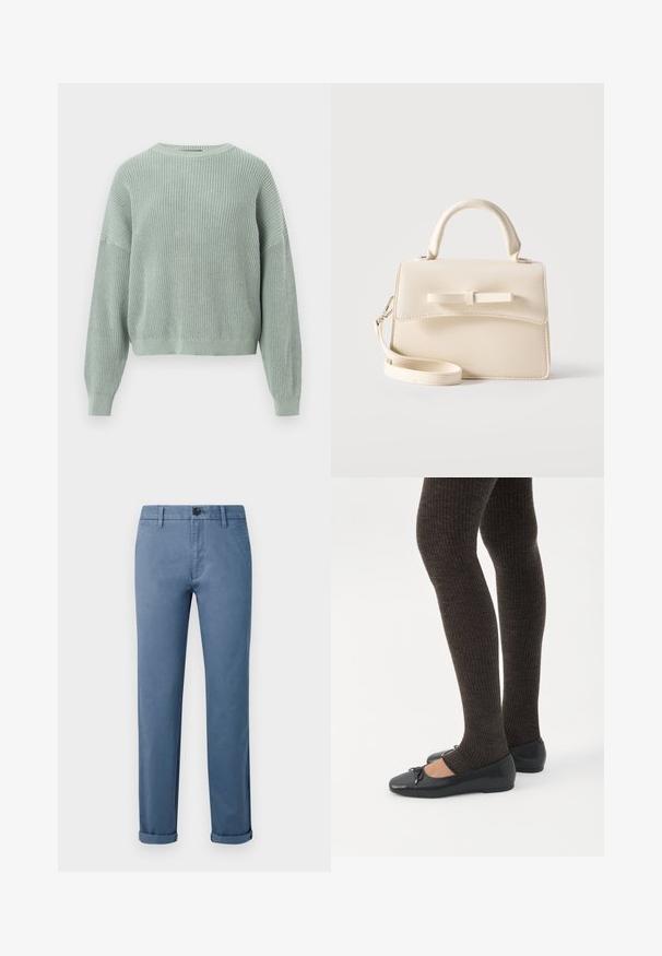 Pull tricoté vert clair avec encolure ronde, manches longues et texture côtelée. Caractérisé par une coupe courte et une coupe décontractée.; Pantalons casual bleus avec fermeture à bouton, passants de ceinture, poches latérales et poignets aux chevilles sur fond blanc.; Jambes portant des leggings côtelés foncés associés à des ballerines noires avec de petits détails en nœud sur fond blanc.; Petit sac à main beige avec poignée supérieure, bandoulière amovible, rabat avant et nœud horizontal décoratif sur un fond uni.