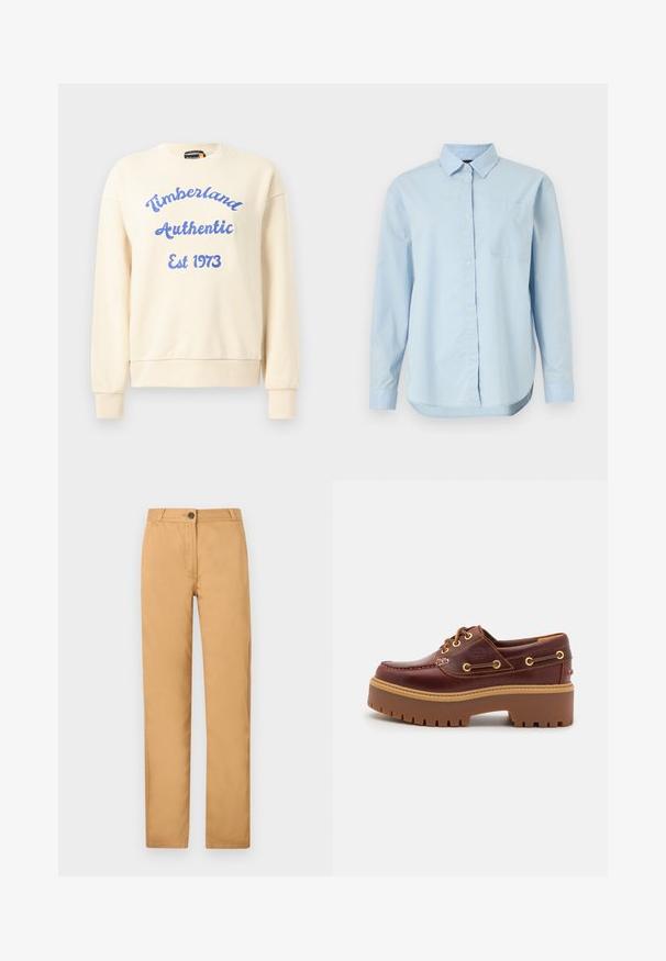 Κρέμα φούτερ με μπλε κείμενο "Timberland Authentic Est 1973". Διαθέτει στρογγυλή λαιμόκοψη και ριμπ μανσέτες. Μαλακή υφή υφάσματος, casual σχέδιο.; Ανοιχτό μπλε πουκάμισο με κουμπιά, κατασκευασμένο από βαμβάκι, με κλασικό γιακά, μακρύ μανίκι, μία τσέπη στο στήθος και καμπυλωτή στενή βάση.; Ανοιχτό καφέ chinos με ίσια γραμμή, κλείσιμο με κουμπί και πλαϊνές τσέπες. Το ύφασμα είναι απαλό με ματ φινίρισμα.; Καφέ δερμάτινο παπούτσι σκάφους με χοντρή καφέ ελαστική σόλα, χρυσά μάτια και αντίθεση ραφής. Διαθέτει λογότυπο στο πλάι.