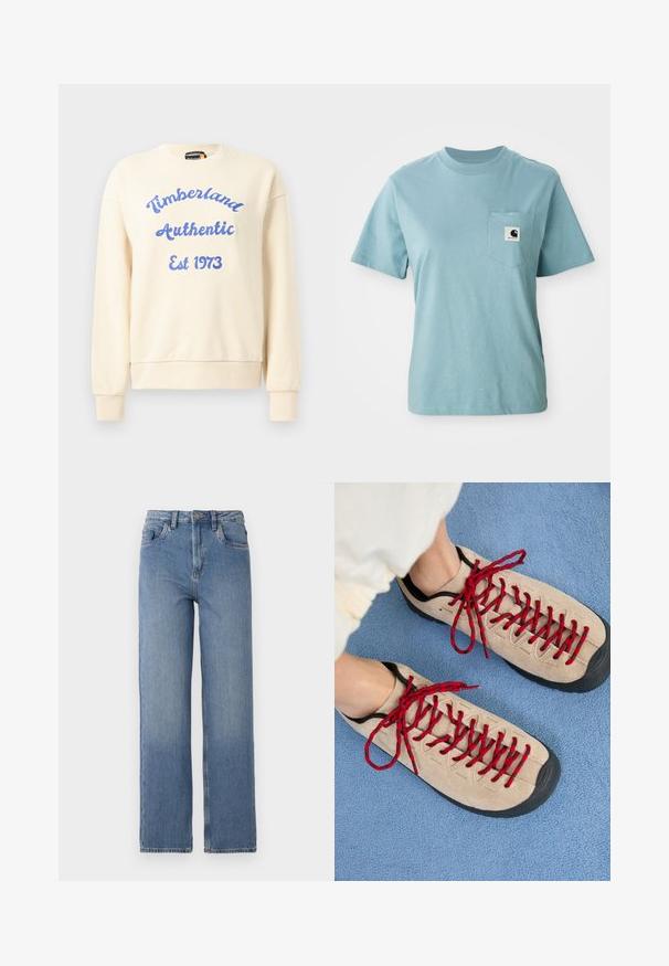 Cremefarbener Sweatshirt mit blauer Aufschrift "Timberland Authentic Est 1973". Besitzt einen runden Halsausschnitt und gerippte Bündchen. Weiches Stoffgefühl, lässiges Design.; Helles blaues, kurzärmliges Baumwoll-T-Shirt mit Brusttasche, das mit einem kleinen schwarz-weißen Carhartt-Logo-Patch versehen ist.; Hochgeschnittene blaue Jeans mit geradem Bein. Verfügt über ein klassisches Fünf-Taschen-Design und dezente Ausbleichungen auf der Vorderseite.; Beige Schuhe mit roten Schnürsenkeln, die auf einer blauen strukturierten Fläche positioniert sind und teilweise ein Fußgelenk einer Person zeigen. Die Schuhe haben ein sportliches Design.
