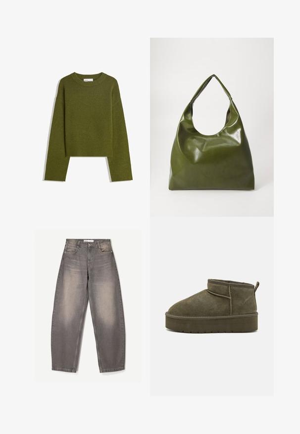 Olivenfarvet strikket sweater med rund hals, lange ærmer og ribbet kant. Har et cropped design med en blød, struktureret overflade.; Bredde ben grå jeans lavet af denim, med subtil falmning, fem-lomme design, bæltestropper og en knaplukning i taljen.; Olivengrøn ruskind ankelstøvler med rund tå, syninger og en tykkere sål med struktureret mønster. Lille trækflap bagpå.; Grøn læder hobo taske med en slouchy design, buet håndtag og glat tekstur. Indeholder ingen synlig hardware eller accenter.