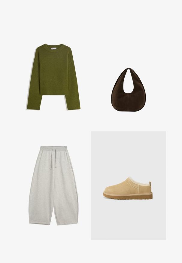 Olivenfarvet strikket sweater med rund hals, lange ærmer og ribbet kant. Har et cropped design med en blød, struktureret overflade.; Lys grå brede sweatpants med elastisk talje og snørebånd, udstyret med sidelommer og afslappet pasform.; Suede slip-on sko i lys tan, med en blød pelsforing og tekstureret gummisål med en let hæl og bagestrop for nem påklædning.; Mørkebrun ruskind skuldertaske formet som en halvmåne med en bred rem og glat tekstur på en hvid baggrund.