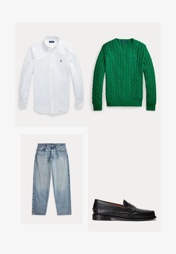Grøn kabelstrikket langærmet sweater med rund hals og lille blåt Polo Ralph Lauren-logo broderet på brystet.; Hvid langærmet skjorte med knapper og krave, Polo Ralph Lauren-logo broderet på venstre bryst.; Lyseblå denimjeans med løs pasform. Har høj talje, fem lommer og synlige syninger. Overfladen er let tekstureret.; Sort læderloafer med lav hæl og pennyremdetalje, vist fra siden på en lysegrå baggrund.