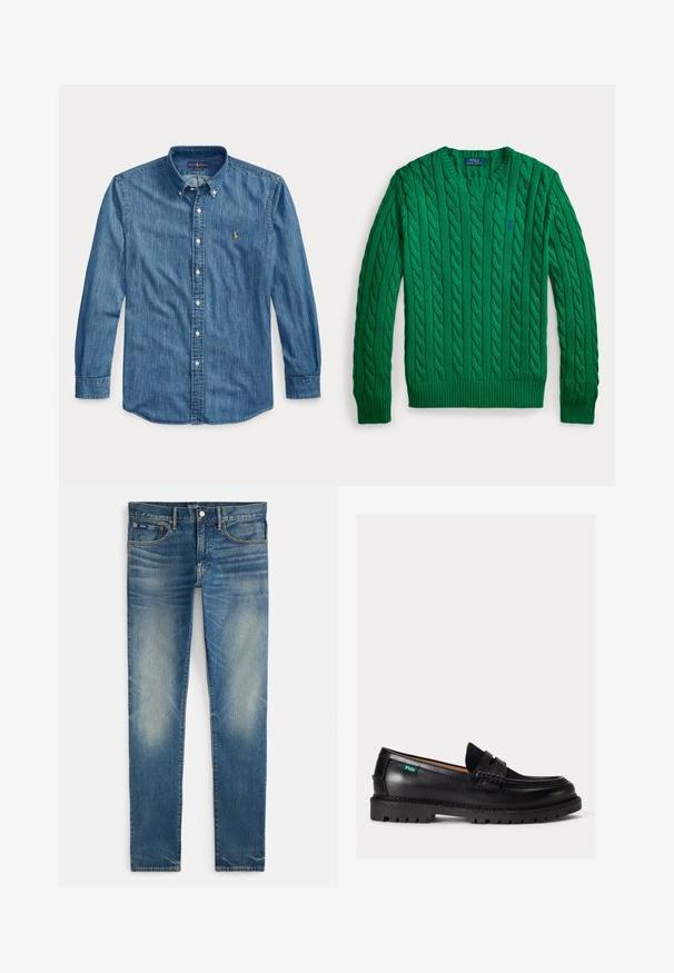Zelený dlhý sveter s vrkočovým vzorom, dlhými rukávmi, okrúhlym výstrihom a malým modrým logom Polo Ralph Lauren vyšívaným na hrudi.; Modrá rifľová košeľa s dlhým rukávom, golierom a malým vyšívaným logom na ľavej strane hrudníka vedľa gombíkov.; Modré vyblednuté úzke džínsy s gombíkom a zipsom na zapínanie, prednými vreckami a malým mincovníkom, zobrazené na bielom pozadí.; Čierny kožený loafer s hrubou podrážkou, zaoblenou špičkou a zelenou štítkom s logom Polo na boku.