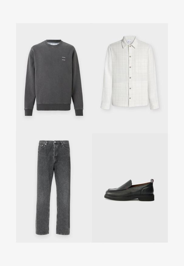Sweat-shirt gris foncé à col rond avec poignets et ourlet côtelés, présentant un petit texte blanc "SAMSOE SAMSOE" sur la poitrine gauche.; Chemise blanche texturée à manches longues avec un col et une poche poitrine unique, entièrement boutonnée à l'avant.; Jeans en denim gris avec une coupe droite, dotés de cinq poches, d'une fermeture à bouton à l'avant et de surpiqûres contrastées le long des coutures.; Chaussure slip-on en cuir noire avec un bout rond, un dessus texturé, des coutures rouges contrastantes et un petit talon. Présente une languette en boucle.