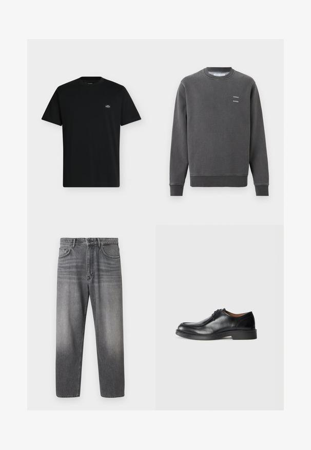 Sweat-shirt gris foncé à col rond avec poignets et ourlet côtelés, présentant un petit texte blanc "SAMSOE SAMSOE" sur la poitrine gauche.; T-shirt noir à manches courtes avec col rond, avec un petit patch logo rectangulaire sur la partie supérieure gauche de la poitrine.; Jean en denim gris avec une coupe droite, un effet délavé, cinq poches, fermeture par boutons et détails métalliques.; Chaussure de ville en cuir noir avec un bout arrondi, surface lisse, détails en dentelle et une semelle en caoutchouc texturée basse. Lignes épurées et design minimal.