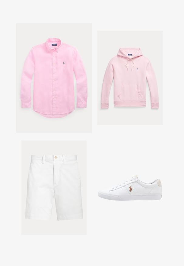 Hellrosa Kapuzenpullover mit Fronttasche, Kordelzug an der Kapuze und kleinem blauem Polo Ralph Lauren-Logo auf der linken Brust.; Langärmliges rosa Hemd mit Knopfleiste, geknöpftem Kragen und kleinem marineblau besticktem Logo auf der linken Brust.; Weiße kniehohe Shorts mit Gürtelschlaufen und braunem Knopfverschluss an der Taille, auf schlichtem Hintergrund dargestellt.; Weiße Leinensneaker im Low-Top-Design mit einem beigen Ferseneinsatz und einem kleinen gestickten Logo an der Seite. Gummisohle.