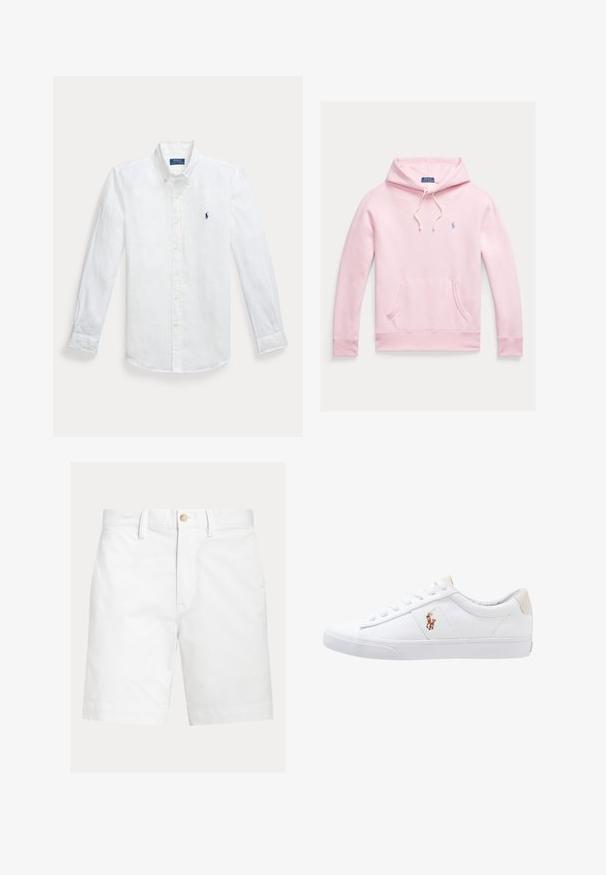 Svetloružová mikina s predným vreckom, kapucňou so šnúrkami a malým modrým logom Polo Ralph Lauren na ľavej strane hrude.; Biela ľanová košeľa s dlhým rukávom, zapínaním na gombíky a špicatým golierom, s vyšitým modrým logom na ľavej hrudi. Má gombíkové manžety.; Biele šortky po kolená s pútkami na opasok a hnedým gombíkom na zapínanie v páse, zobrazené na jednoduchom pozadí.; Biele plátenné tenisky s nízkym strihom, ktoré majú béžový opasok na päte a malé vyšívané logo na boku. Gumová podrážka.