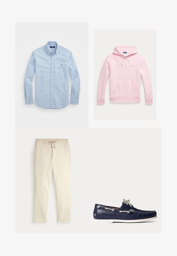 Lyserød hættetrøje med forlommer, snøre på hætten og lille blå Polo Ralph Lauren-logo på venstre bryst.; Lyseblå langærmet skjorte med knapper lavet af bomuld, med en klassisk krave og et lille rødt broderet logo på brystet.; Off-white afslappede bukser med elastisk talje og snor, lige ben og sidelommer mod en ensfarvet baggrund.; Flåden blå læder bådsko med hvide snørebånd og syninger, med hvid gummisål og metaløjer på en lyse baggrund.