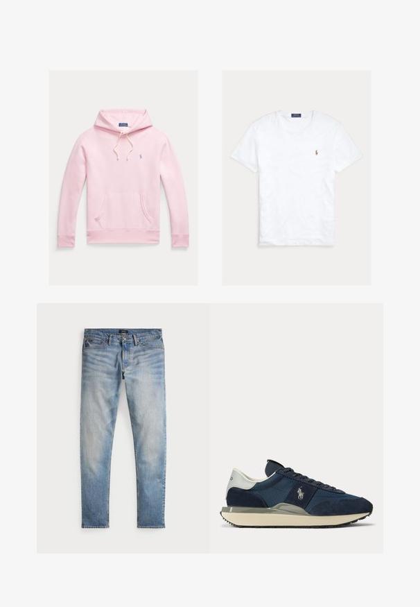 Hellrosa Kapuzenpullover mit Fronttasche, Kordelzug an der Kapuze und kleinem blauem Polo Ralph Lauren-Logo auf der linken Brust.; Weißes T-Shirt mit Rundhalsausschnitt und kurzen Ärmeln, mit kleinem gesticktem Polo Ralph Lauren Logo auf der linken Brust und blauem Markenetikett innen am Kragen.; Helle blaue Denim-Jeans mit einem ausgewaschenen Finish, Fünf-Taschen-Design und kontrastierenden Nähten. Mit Reißverschluss und Gürtelschlaufen. Gerade geschnitten.; Marineblauer und weißer Sneaker mit Velours- und Stoffeinsätzen, weißem Logo an der Seite, weißem Fersenlaschen und beiger Sohle mit schwarzer Laufsohle.