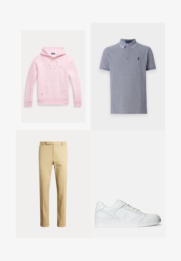 Sudadera con capucha rosa claro con bolsillo delantero, capucha con cordón y pequeño logo azul de Polo Ralph Lauren en el pecho izquierdo.; Polo de rayas en azul marino y blanco con mangas cortas, cuello y un pequeño logo en el pecho. Fabricado en algodón con una textura suave.; Pantalones beige de hombre a medida con trabillas para cinturón y dobladillos vueltos, mostrados sobre un fondo claro liso.; Zapatilla de cuero blanca con textura suave, que presenta una puntera perforada, cierre de cordones y logo bordado en el lateral. Suela de goma blanca.