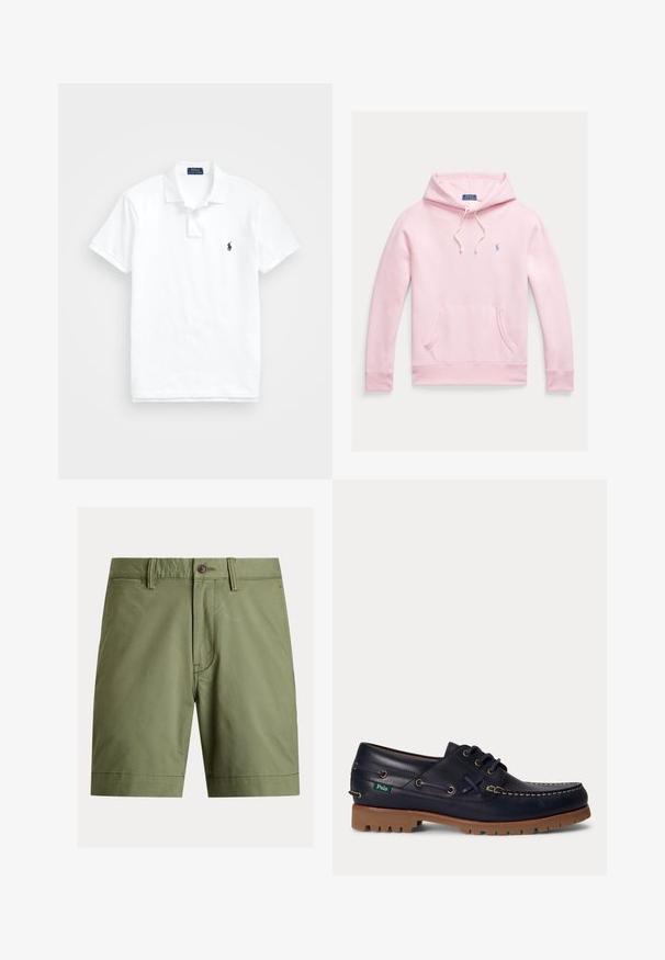 Sudadera con capucha rosa claro con bolsillo delantero, capucha con cordón y pequeño logo azul de Polo Ralph Lauren en el pecho izquierdo.; Camisa polo blanca de algodón. Cuenta con un cuello clásico, una tapeta de tres botones, mangas cortas y un pequeño logo en azul marino en el pecho.; Pantalones cortos verde oliva hechos de mezcla de algodón, con cierre de botón, trabillas para cinturón y corte recto con dobladillos rematados.; Zapato náutico de cuero azul marino con suela de goma marrón, costuras blancas, cordones y una pequeña etiqueta verde de Polo en el lateral.
