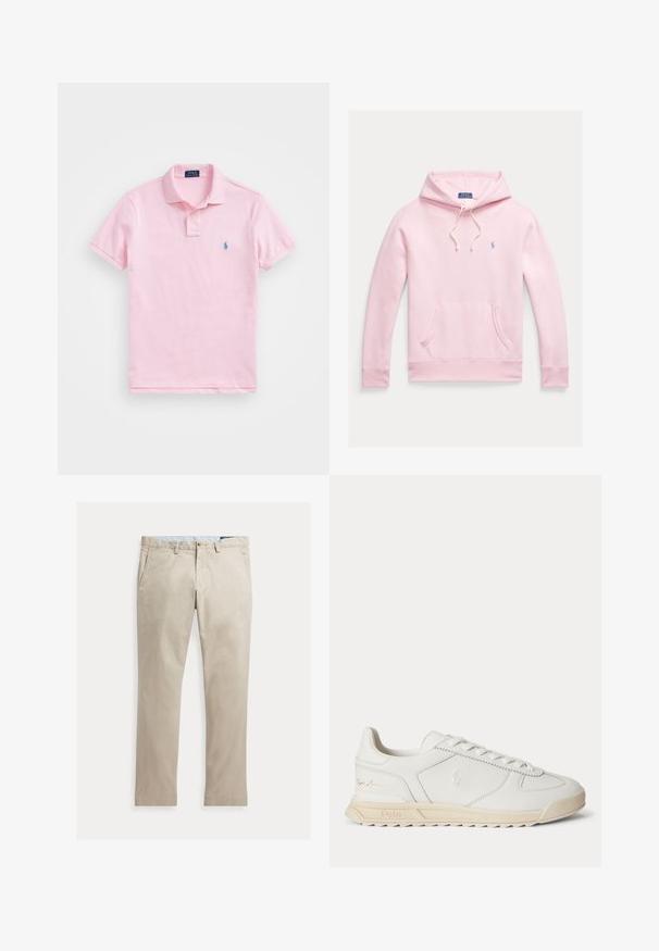 Svetloružová mikina s predným vreckom, kapucňou so šnúrkami a malým modrým logom Polo Ralph Lauren na ľavej strane hrude.; Svetloružové polo tričko s krátkym rukávom, golierom s gombíkmi a malým modrým vyšívaným logom na ľavej strane hrude.; Béžové rovné bavlnené nohavice s prednými vreckami, pútkami na opasok, zapínaním na gombík a zipsom, zobrazené položené na bielom pozadí.; Biele kožené nízke tenisky s béžovou podrážkou, šnurované vpredu a prešitým logom na boku a päte.