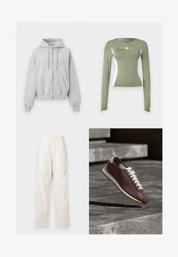 Sweat à capuche gris clair zippé avec poches avant, capuche à cordon, poignets et bas en côte, et petit logo Nike blanc sur la poitrine.; Haut Nike Shox vert olive à manches longues avec panneaux latéraux blancs et accents vert néon, coupe ajustée, et petit logo swoosh sur le bord de la manche.; Pantalon couleur crème à taille élastique et coupe droite, de coupe ample, présenté sur un fond blanc uni.; Baskets Nike bordeaux avec lacets blancs et semelle beige suspendues au-dessus de marches en béton gris en plein air.