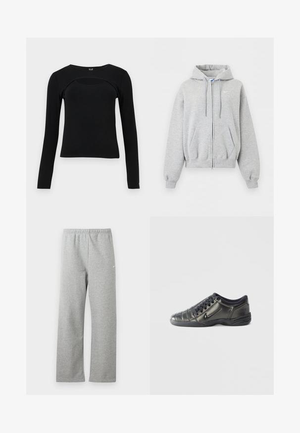 Sweat à capuche gris clair zippé avec poches avant, capuche à cordon, poignets et bas en côte, et petit logo Nike blanc sur la poitrine.; Haut noir à manches longues ajusté avec un col rond et une découpe incurvée sur la partie supérieure de la poitrine, étiquette GAP à l'intérieur du col.; Pantalon de jogging gris clair avec une ceinture élastique et un petit logo blanc Nike sur le haut de la cuisse, présenté à plat sur fond blanc.; Baskets Nike basses noires avec des lacets, des détails cousus et une semelle texturée sur un fond blanc uni.
