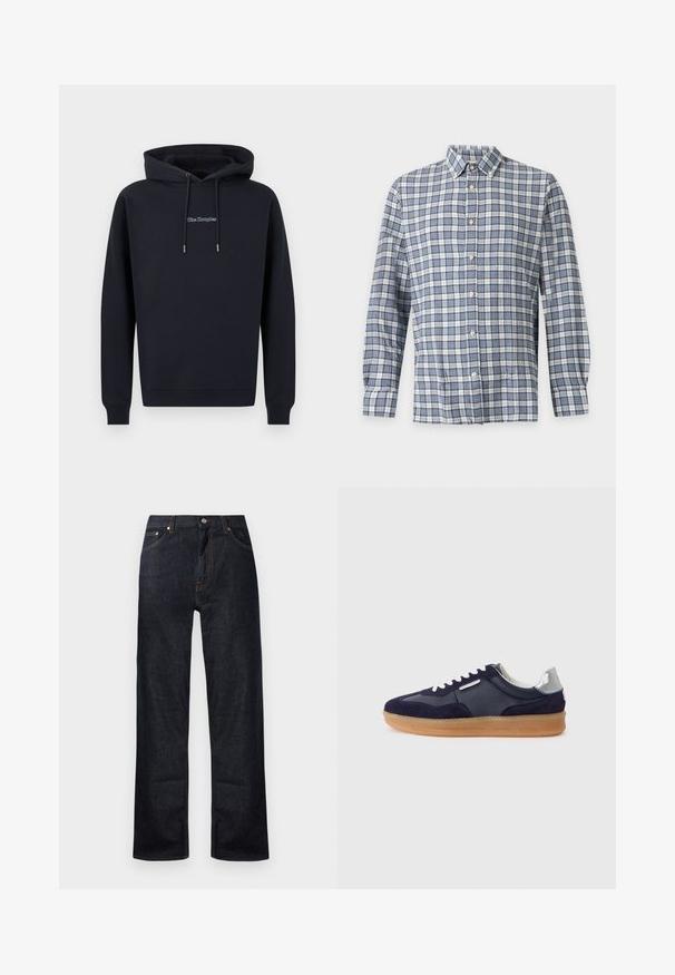 Sudadera negra con capucha y cordones, con un pequeño logo blanco de "The Kooples" centrado en el pecho, mostrada sobre un fondo liso.; Camisa de hombre de manga larga con botones, con estampado a cuadros azul y blanco y cuello sobre un fondo liso y claro.; Jeans de mezclilla azul oscuro con diseño de pierna recta, cinco bolsillos y detalle de costura en color naranja. Cierre de botón metálico y cremallera.; Zapatillas de ante y cuero en color azul marino con suela de goma, cordones blancos y un acento plateado en el talón. Diseño bajo con detalles texturizados.