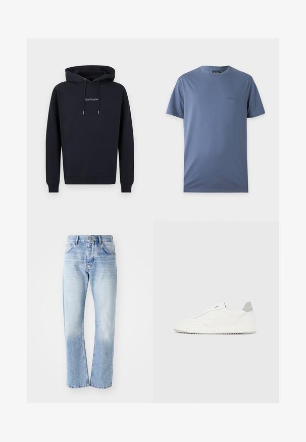 Zwarte hoodie met trekkoorden en klein wit "The Kooples"-logo in het midden van de borst, afgebeeld tegen een effen achtergrond.; Effen blauwe T-shirt met korte mouwen, een ronde hals en klein subtiel geborduurd logo op de linkerborst.; Lichtblauwe denim jeans met een rechte pijp. Voorzien van een vijf-pocket ontwerp, knoopsluiting en een vervaagde textuur naar de onderkant.; Witte lage sneaker met grijze hielpatch, witte veters en een gestructureerde zool, gepresenteerd op een effen lichte achtergrond.