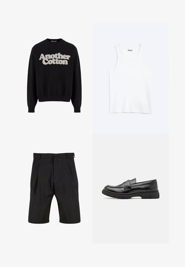 Sort sweatshirt lavet af bomuld, med et tekstureret, hævet hvidt logo "Another Cotton" på fronten. Ribkanter ved håndled og nederste kant.; Hvid ærmeløs tanktop med rund halsudskæring og Weekday-mærke på den indvendige baghals, vist fladt på lys baggrund.; Sorte shorts lavet af et glat stof med skræddersyet design, der har en frontknaplukning, læg og sidelommer.; Sort læder loafersko med en bred rem over forfoden, gummisål med tykke mønstre og glat overflade. Klassisk, slankt design.