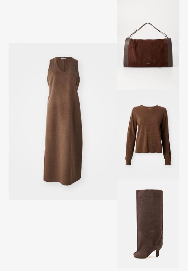 Brun langærmet sweater med små sorte og sølvfarvede nitter, der er jævnt fordelt over forsiden og ærmerne.; Ærmeløs, knælængde brun uldkjole med rund udskæring og en lige, let tætsiddende silhuet.; Brun ruskind knæstøvle med høj hæl med rund tå og slank hæl på en ensartet lys baggrund.; Brun suedetaske med glatte brune læderdetaljer, der har et håndtag i toppen, lynlåslukning og et rent, minimalistisk design.
