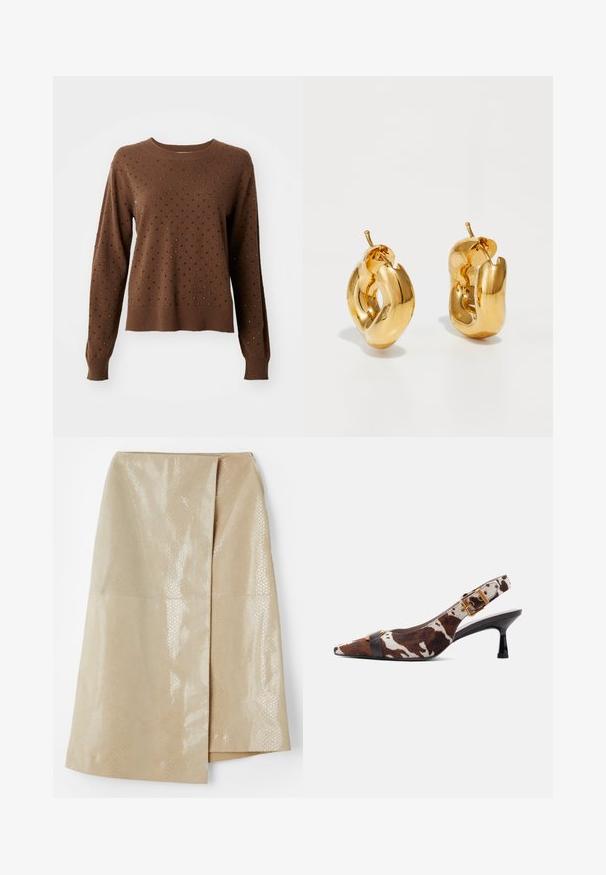 Pull en maille marron à manches longues orné de petits rivets noirs et argentés, répartis uniformément sur le devant et les manches.; Jupe en simili cuir beige avec un motif serpent texturé et brillant ; dotée d'un design enroulé et d'une fente sur le côté pour plus de détails.; Chaussure à talon kitten slingback avec imprimé vache brun et blanc, bout pointu, bride noire sur le devant, et détail de boucle dorée sur la bride de la cheville.; Boucles d'oreilles créoles en or massif avec un design tubulaire légèrement tordu et des fermoirs à tige sur un fond blanc.