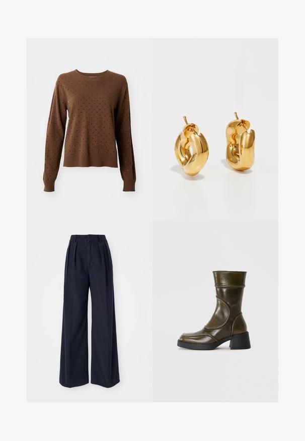 Pull en maille marron à manches longues orné de petits rivets noirs et argentés, répartis uniformément sur le devant et les manches.; Un pantalon large bleu marine en coton, avec des plis à l'avant, une taille haute et une fermeture éclair avec un bouton.; Bottine en cuir vert olive avec un bout arrondi, un panneau élastique et un talon épais noir. Texture lisse et détails de couture subtils.; Boucles d'oreilles créoles en or massif avec un design tubulaire légèrement tordu et des fermoirs à tige sur un fond blanc.