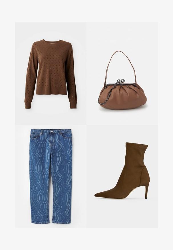 Pull en maille marron à manches longues orné de petits rivets noirs et argentés, répartis uniformément sur le devant et les manches.; Jeans en denim bleu avec un motif ondulé bleu clair, coupe droite, fermeture à bouton et détails cousus sur les poches.; Bottine marron à bout pointu avec un talon moyen-haut fin et une tige en tissu lisse.; Sac à main en cuir marron avec un design plissé, une courte poignée en cuir et une bandoulière en chaîne. Présente un fermoir en métal argenté avec deux accents ronds.