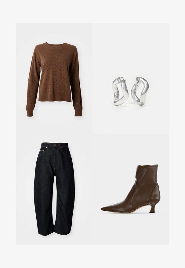 Brun langærmet sweater med små sorte og sølvfarvede nitter, der er jævnt fordelt over forsiden og ærmerne.; Mørke denim jeans med en afslappet pasform, der har diskret orange syninger, forlommer og en flad talje med en knaplukning.; Brun læderankelstøvle med spids tå og lav buet hæl på en lys baggrund.; Sølv øreringe i hoop-design med snoet mønster. Runde kanter og blank finish. Åbne lukninger for nem brug. Glat tekstur over det hele.