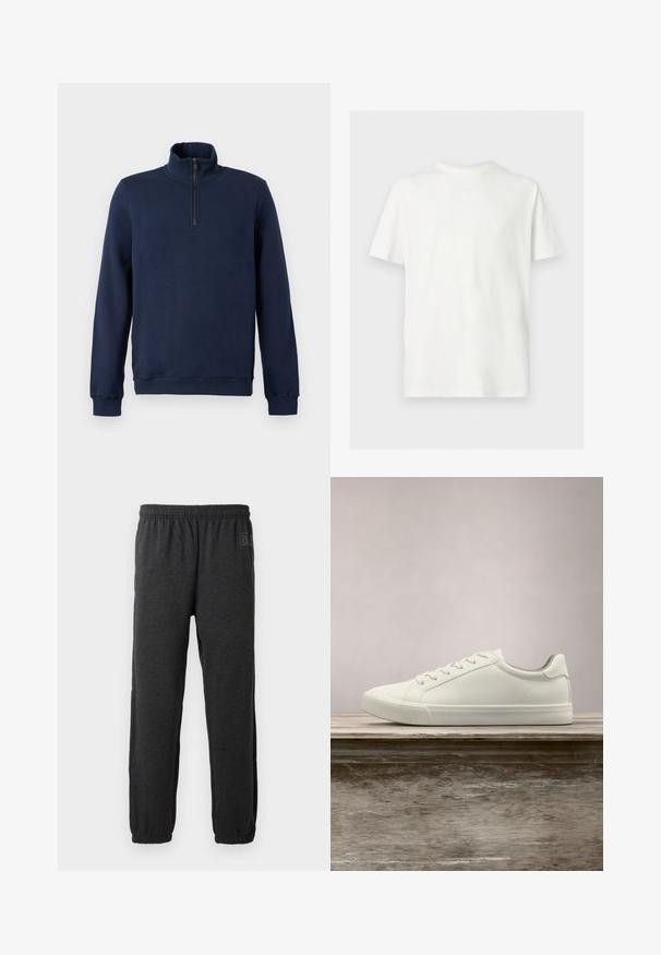 Pull-over à manches longues bleu marine avec un col montant et une fermeture éclair quart de devant.; T-shirt blanc à manches courtes avec col rond et coupe décontractée sur un fond uni clair.; Pantalon de survêtement gris en tissu doux, doté d'une taille élastique et de jambes fuselées avec des poignets élastiques. Détail de logo discret sur une jambe.; Sneaker en dentelle blanche flottant au-dessus d'un banc en bois avec un feuillage vert en arrière-plan, mettant en valeur le design et la texture de la chaussure.