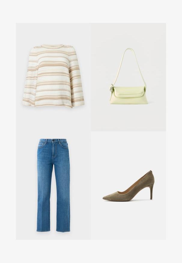 Stripet sweater i creme og beige med rund halsudskæring og vide ærmer. Strikket tekstur med skiftende faste og åbne mønstre.; Lige ben, blå denim jeans med forlommer, bæltestropper, lynlås og knaplukning mod en ensfarvet hvid baggrund.; Taupe ruskind spids tå høj hæl sko med slank stilet hæl på en hvid baggrund, sidevisning.; Lysegrøn læderhåndtaske med en enkelt rem og klaplukning, vist mod en hvid baggrund.