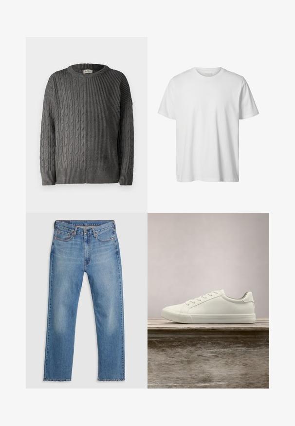 Denim Project DPMDPKNITTED COMBINED SWEATSHIRT - Jersey de punto - grey; Camiseta blanca lisa de manga corta con cuello redondo, corte holgado y sin logos o diseños visibles en el frente.; Vaqueros de mezclilla azul de pierna recta con cierre frontal de botón y cremallera, trabillas para cinturón y diseño de cinco bolsillos sobre un fondo blanco.; Zapatilla blanca con cordones flotando sobre un banco de madera con follaje verde al fondo, mostrando el diseño y la textura del zapato.