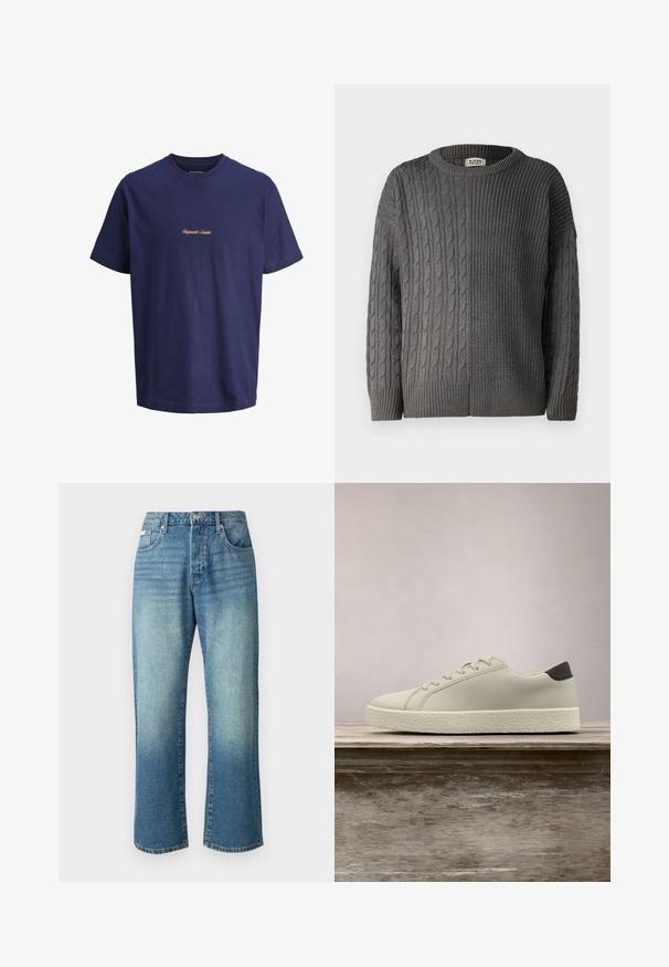 Denim Project DPMDPKNITTED COMBINED SWEATSHIRT - Strickpullover - grey; Navyblaue Baumwoll-T-Shirt mit kurzen Ärmeln, rundem Ausschnitt und orange besticktem Text „Originals Studio“ vorne in der Mitte.; Helle blaue Jeans mit geradem Bein, fünf Taschen, vorderer Knopfverschluss und dezentem Verblassen im gesamten Stoff.; Weißer Sneaker mit strukturierter Sohle und schwarzem Absatzdetail, schwebend über einer Holzbank mit hohem grünem Gras im Hintergrund.