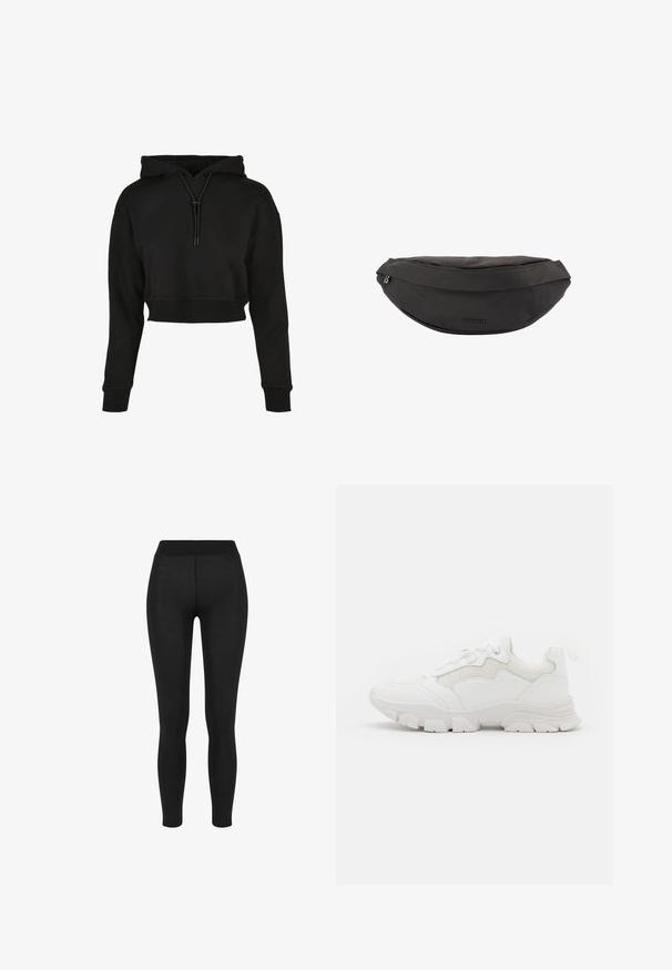 Sudadera corta negra con capucha ajustable, mangas largas, puños y dobladillo acanalados; textura suave y lisa; diseño minimalista.; Leggings negros con una tela suave, cintura alta, diseño ajustado y sin costuras visibles, adecuados para uso casual o deportivo.; NA-KD CONTRAST SOLE TREKKING - Zapatillas - white; Riñonera de tela negra con cierre de cremallera y logo "BOGNER" en el centro frontal.