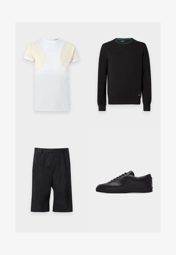 Pull noir à col rond, manches longues, avec un accent vert au niveau du col. Présente un petit logo "PS" bleu en bas à gauche. Texture lisse.; T-shirt blanc à manches courtes avec des panneaux en mesh beige sur les épaules et le haut de la poitrine, avec un logo texte discret à l'avant.; Shorts noirs sur mesure longueur genou avec passants pour ceinture et plis à l'avant, posés à plat sur un fond gris clair.; Baskets basses en cuir noir avec lacets sur le devant et semelle en caoutchouc plate, vues de côté sur un fond blanc uni.